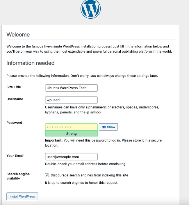 Enter the Default Database Administration Info Enter the Default Database Administration Info